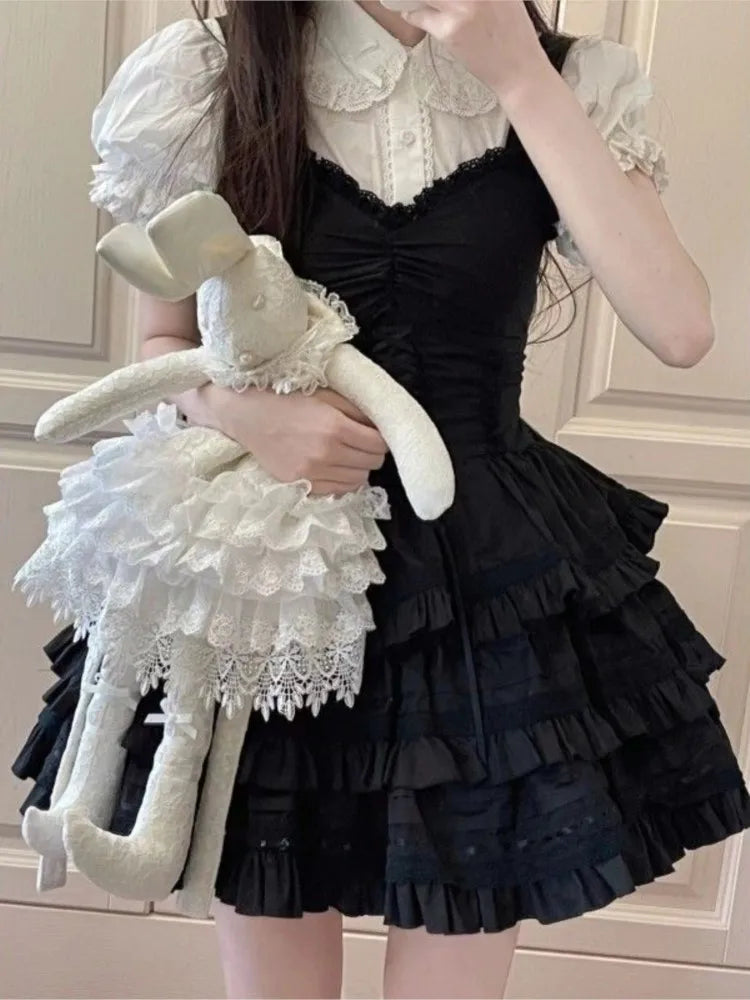 Conjunto de vestido de dos piezas Y2K para mujer, camisa de manga abullonada, minivestido negro con volantes en forma de A, traje de moda coreana, nuevo atuendo de verano