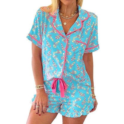 Pijama navideño bonito con estampado de bastón de caramelo y lazo, conjunto de pijama de manga corta con botones y pantalones cortos anudados de Navidad, conjunto de pijama de 2 piezas para mujer