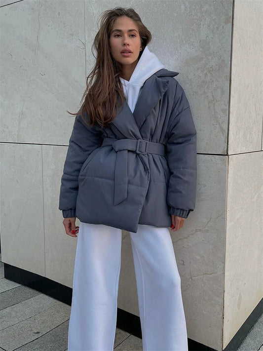 Parkas de invierno con bolsillos y cordones para mujer, abrigo holgado de cuello en V y manga larga, de cintura alta, liso