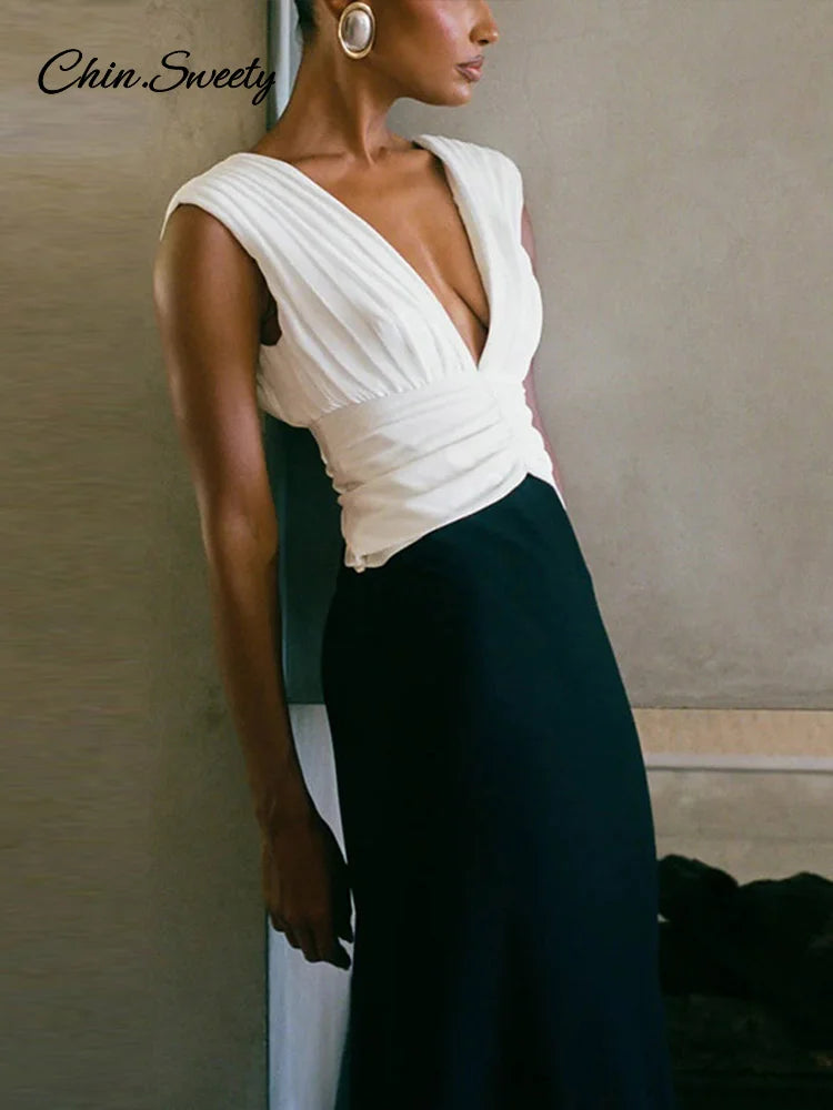 Vestido elegante sin mangas con escote en V profundo y patchwork para mujer, vestido plisado sin espalda, ajustado, para fiesta de verano 2025, para mujer, de noche.