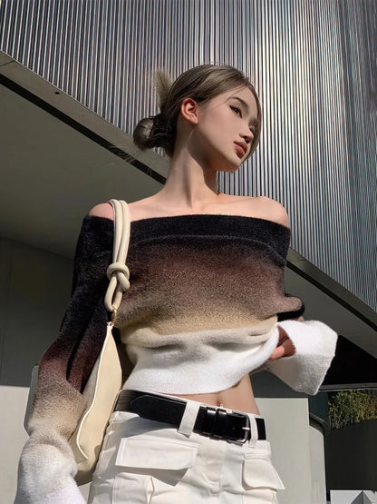 Suéter con hombros descubiertos y degradado para mujer, jersey corto de punto de manga larga, top informal elegante de otoño para mujer, prenda de punto