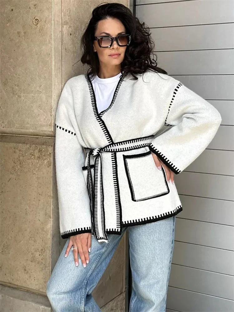Suéter tipo cárdigan de punto con contraste para mujer, con bolsillos y cordones, manga larga, retazos, abrigo holgado, prendas de punto de otoño, prendas de vestir para mujer