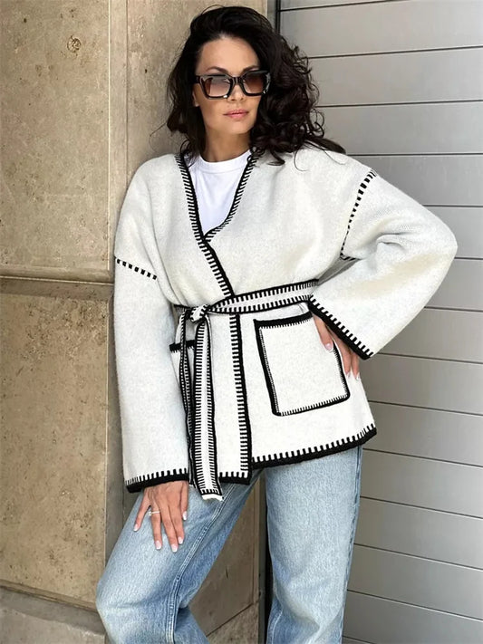 Suéter tipo cárdigan de punto con contraste para mujer, con bolsillos y cordones, manga larga, retazos, abrigo holgado, prendas de punto de otoño, prendas de vestir para mujer