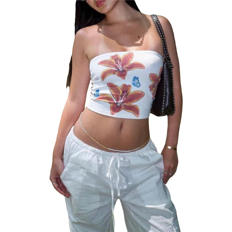 Top sin tirantes Y2K, ropa de coqueta para mujer, estampado floral, hombros descubiertos, sin mangas, chaleco bandeau, ropa de calle de los años 2000