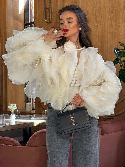 Camisas blancas con volantes y retazos, elegantes, de moda para mujer, de cintura alta, manga larga, informales, ropa de calle, blusa para mujer