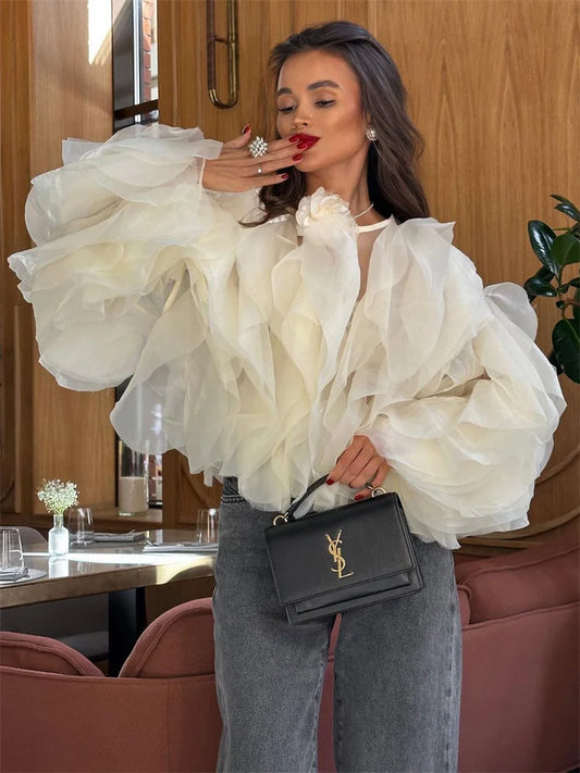 Camisas blancas con volantes y retazos, elegantes, de moda para mujer, de cintura alta, manga larga, informales, ropa de calle, blusa para mujer