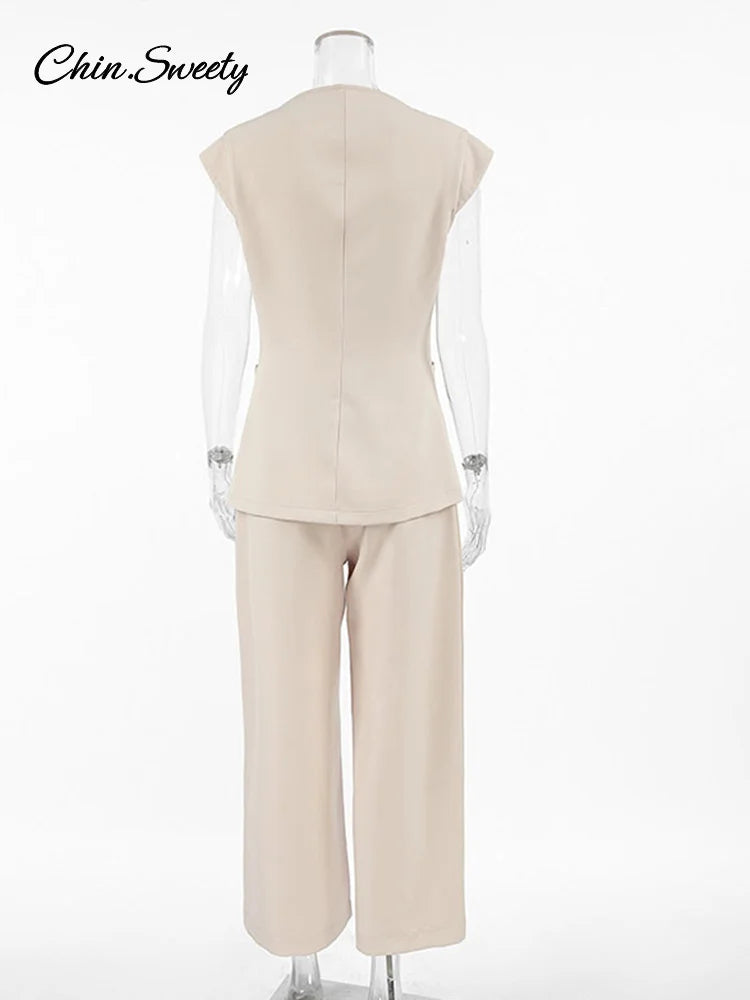 Elegant Waistcoat Pants Set For Women 2 Pieces Single Breasted Tank Wide Leg Trousers 2025 Spring Summer Lady Commute Outfits