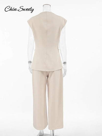 Elegant Waistcoat Pants Set For Women 2 Pieces Single Breasted Tank Wide Leg Trousers 2025 Spring Summer Lady Commute Outfits
