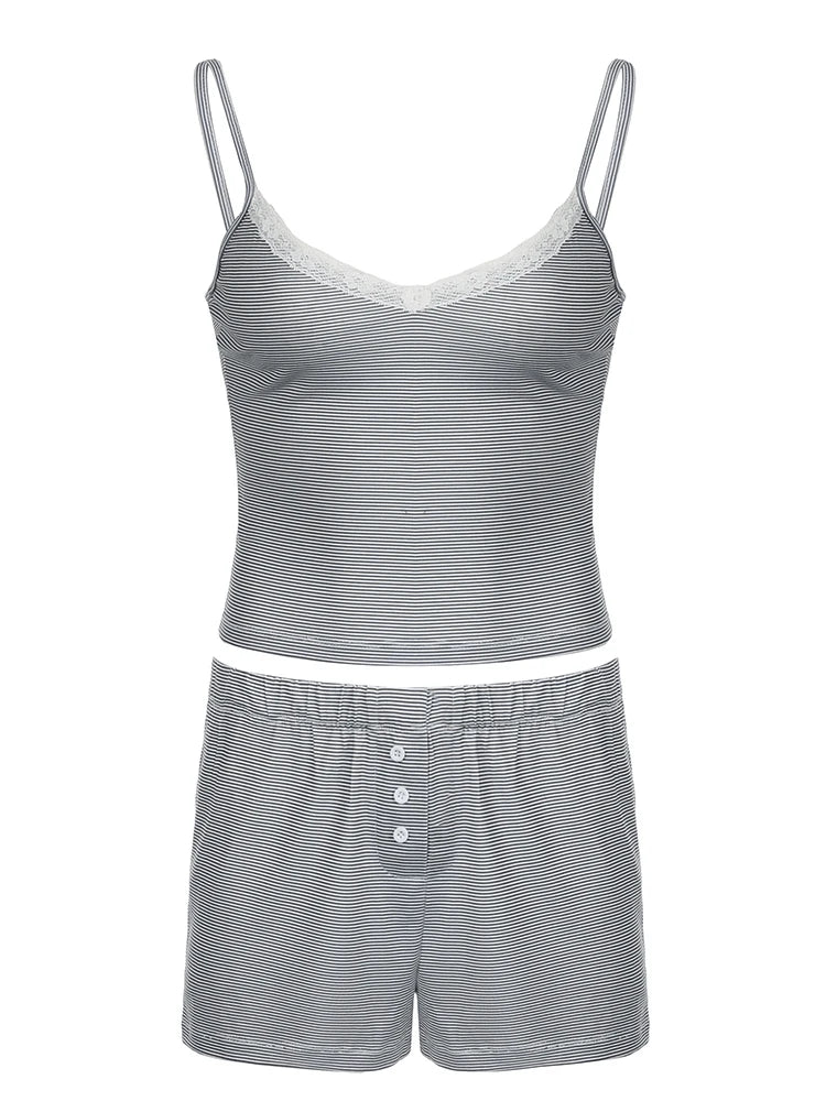 Conjunto de 2 piezas de pantalones cortos Y2K con rayas finas y retazos de encaje en contraste para mujer, bonito conjunto de camisola con cuello en V y pantalones cortos con botones estilo kawaii