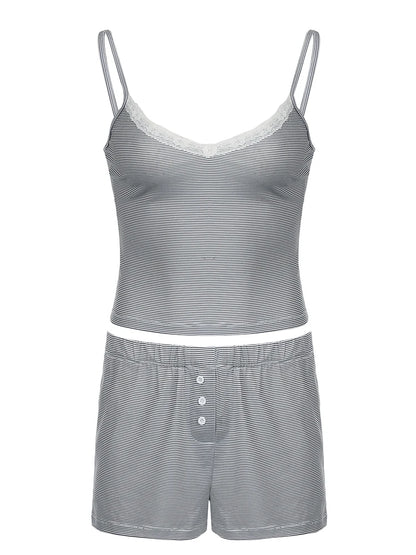 Conjunto de 2 piezas de pantalones cortos Y2K con rayas finas y retazos de encaje en contraste para mujer, bonito conjunto de camisola con cuello en V y pantalones cortos con botones estilo kawaii