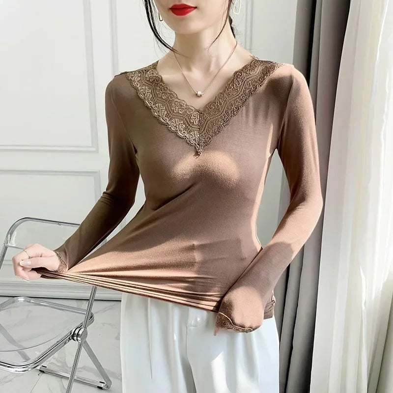 Ropa interior térmica de primera capa para mujer y hombre, de invierno, fina, de encaje modal, para mujer, camiseta térmica, top para mujer