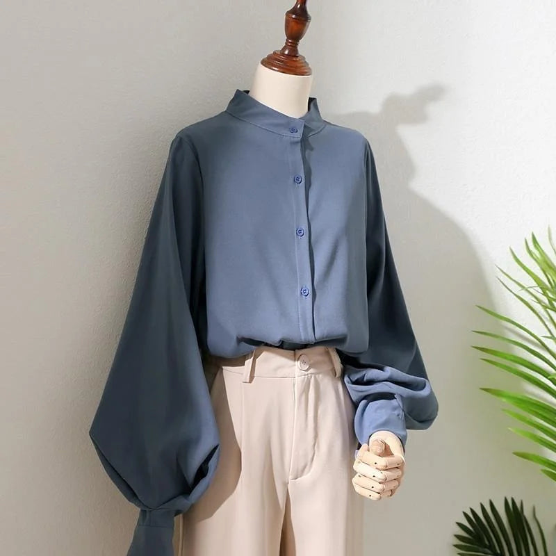 Blusa holgada de manga larga tipo farol para mujer, estilo primavera y otoño, con cuello levantado, DF4847