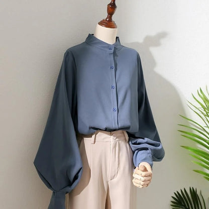 Blusa holgada de manga larga tipo farol para mujer, estilo primavera y otoño, con cuello levantado, DF4847