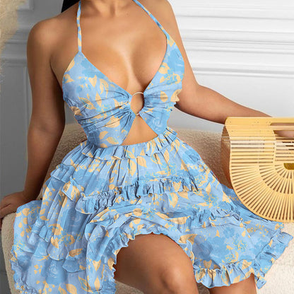 Vestido corto femenino de verano con cuello halter y estampado, minivestido sexy con escote en V profundo, espalda descubierta y abertura para playa
