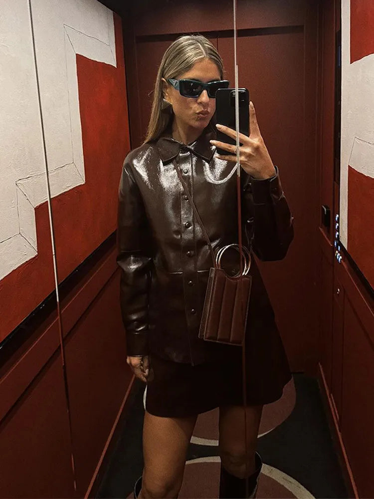Street Leather Mini Skirt Sets For Women Long Sleeve Bike Jacket Hip Package A-line Skirt Suits 2025 Spring Motorcycle Outfits
