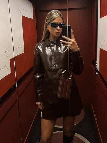 Street Leather Mini Skirt Sets For Women Long Sleeve Bike Jacket Hip Package A-line Skirt Suits 2025 Spring Motorcycle Outfits