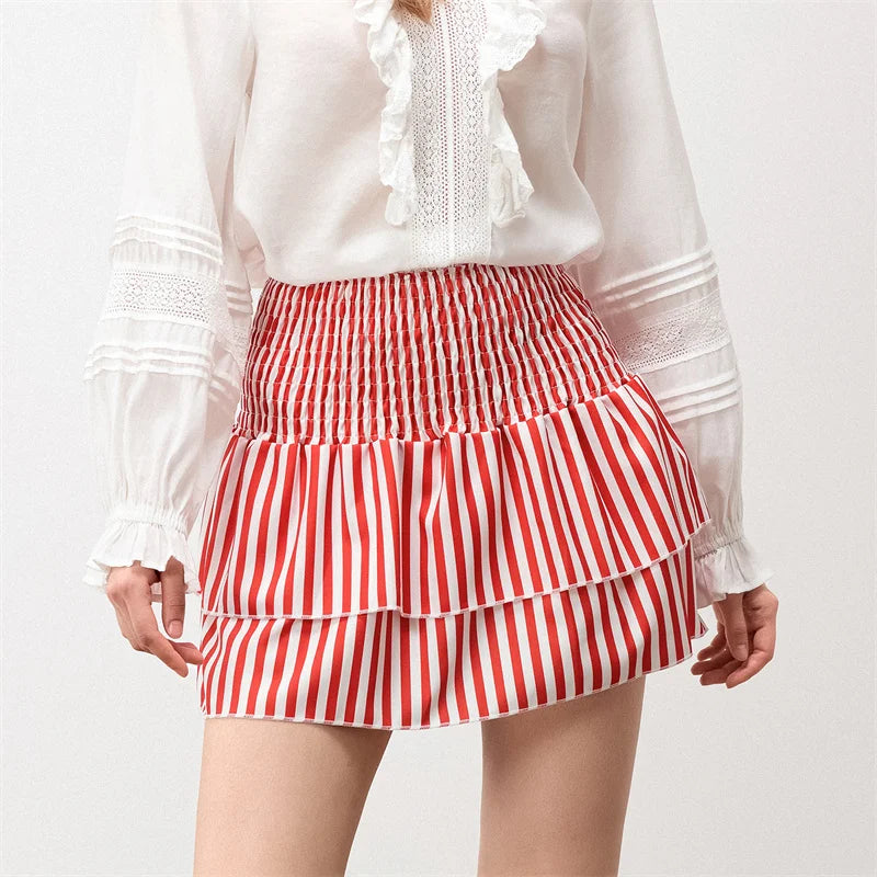 Minifalda de verano para mujer, con estampado floral, elástica, de cintura alta, con volantes escalonados, faldas cortas de corte A, faldas para salir, ropa de calle
