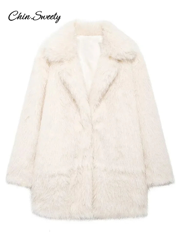 Fashion Solid Fluffy Faux Fur Coat Women Lapel Long Sleeve Thick Warm Loose Jackets 2025 Winter Elegant High Street Outerwear