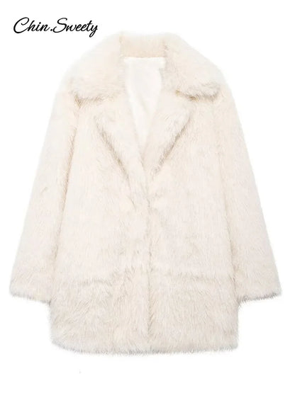 Fashion Solid Fluffy Faux Fur Coat Women Lapel Long Sleeve Thick Warm Loose Jackets 2025 Winter Elegant High Street Outerwear