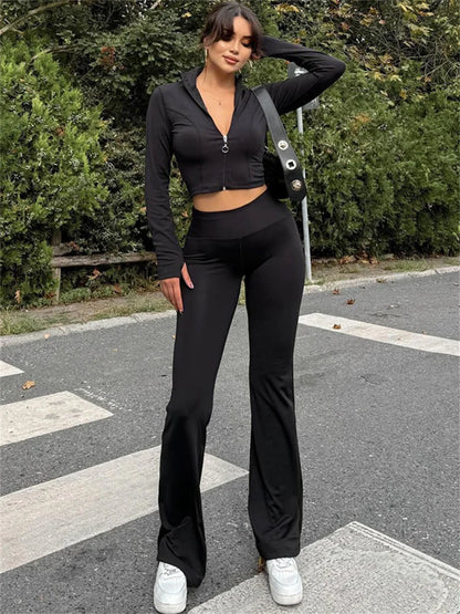 Conjunto informal de invierno de dos piezas con cárdigan de pierna recta y cremallera para mujer, y chándal ajustado de cintura alta con pantalones para mujer.