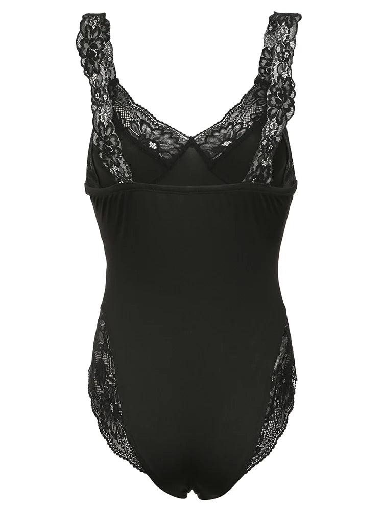 Body negro sin mangas con escote en V, ajustado y sexy, con retazos de encaje para mujer, elegante camisola tipo rave