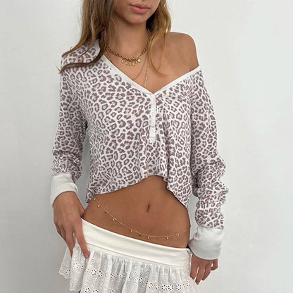 Camiseta con estampado de leopardo para mujer, estilo Y2K, estilo urbano, acanalada, de manga larga, con botones, top corto ajustado, estilo retro informal