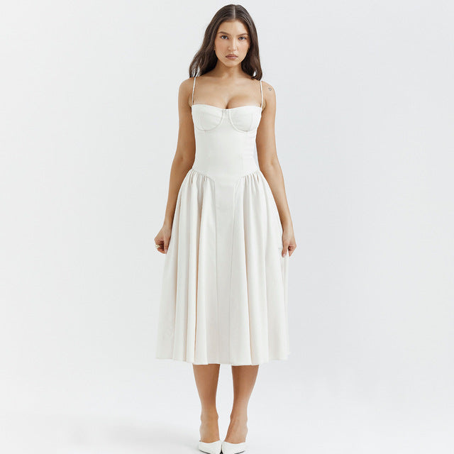 Spaghetti Strap Sleeveless A-line Midi Dress For Women Summer New Backless Pleated Slipdress Ladies Fashion Loose Dress