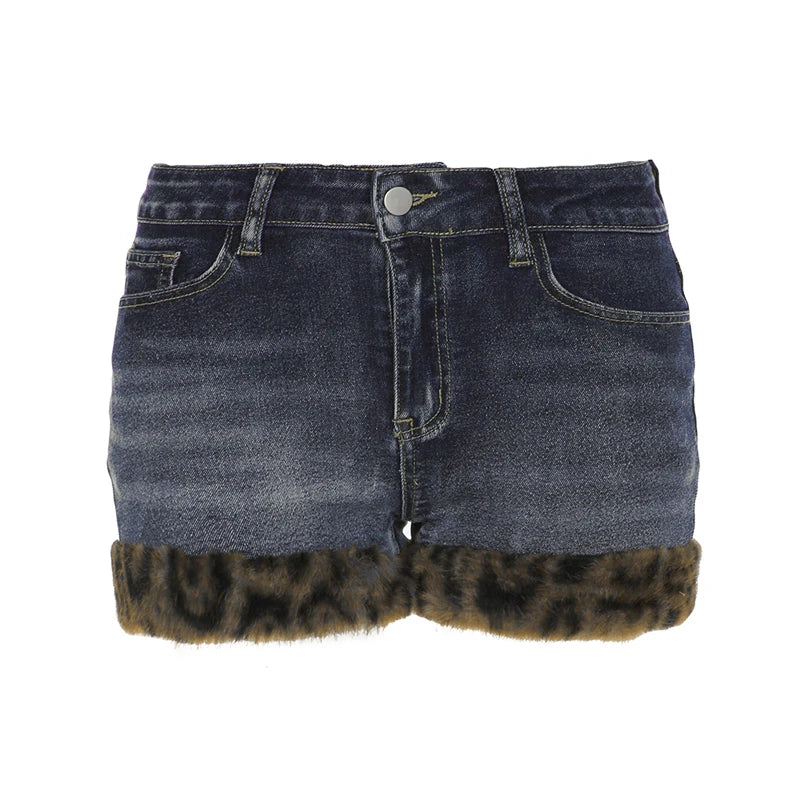 Fashion Y2k Leopard Faux Fur Spliced Jean Shorts Women Chic Trendy Street Shorts Retro Exquisite