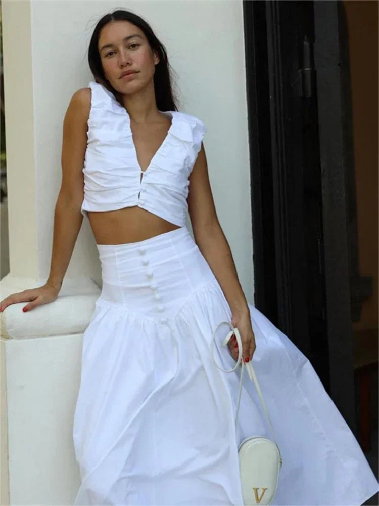 Conjunto de dos piezas plisado blanco para mujer, falda larga con cuello en V, top corto y falda larga de patchwork, conjuntos lisos para mujer
