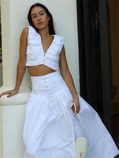 Conjunto de dos piezas plisado blanco para mujer, falda larga con cuello en V, top corto y falda larga de patchwork, conjuntos lisos para mujer