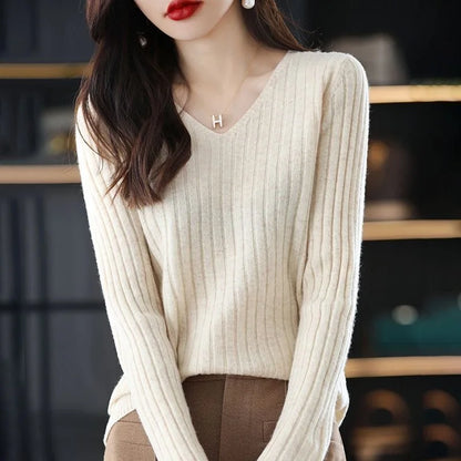Suéter de mujer, jersey de manga larga de punto, cuello en V, suéter de moda para mujer, ropa básica de invierno para mujer, suéter liso OL DF4933