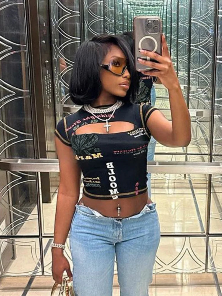 Top corto calado para mujer, cuello redondo, ropa estética, letras estampadas, accesorios Y2k, manga corta, ropa femenina, estilosas de verano