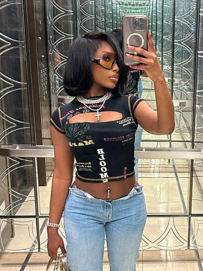 Top corto calado para mujer, cuello redondo, ropa estética, letras estampadas, accesorios Y2k, manga corta, ropa femenina, estilosas de verano
