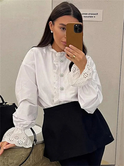 Blusas elegantes con volantes y purpurina para mujer, blusas informales de manga larga con retazos interiores y aberturas para el trabajo