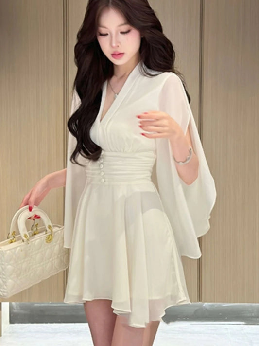 Elegante vestido corto de gasa lisa para mujer, escote en V, manga larga, cintura alta, volantes, corte en A, moda coreana, vestido de una pieza, nuevo