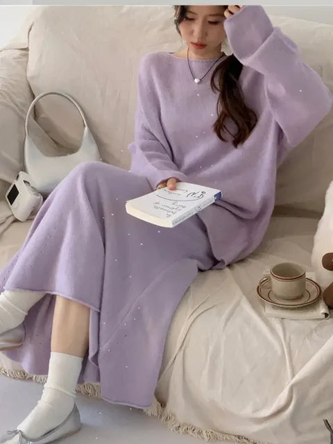 Sexy Soft Elegant Vintage Women Suits 2 Pieces Female Sets Slash Neck Sweater & Midi Dress Bling Knitted TrackSuit
