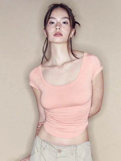 Solid T Shirts For Women Clothes Shirred Crop Top Short Sleeve Ropa De Mujer Skinny Y2k Accessories Camisetas Casual Outfits
