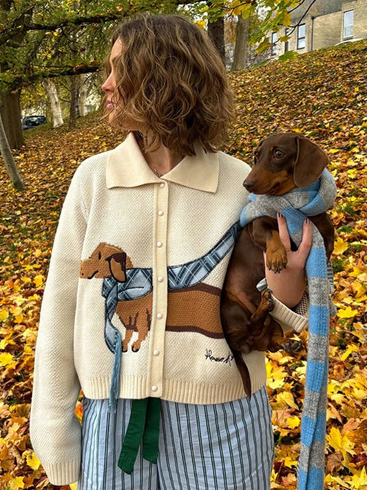 Casual Knitted Printed Dog Cardigan Women Vintage Cute Lapel Single Breasted Short Sweaters Female Autumn Chic Street Knitwear