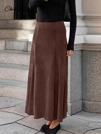 Faldas vintage de gamuza marrón para mujer, faldas plisadas ajustadas con cremallera para oficina, elegantes, de cintura alta, para fiesta, nuevas