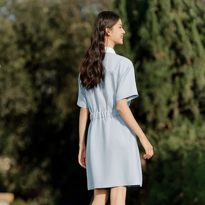 Dress Women Turn-Down Collar Stylish And Chic  Summer New Simple And Sweet Waist-Cinching Short Skirt