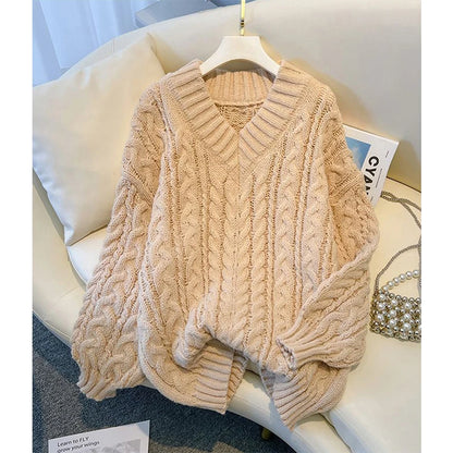Suéter Harajuku para mujer, moda de gran tamaño, rosa, cuello en V, suéteres de punto coreanos de manga larga, suéteres casuales de invierno