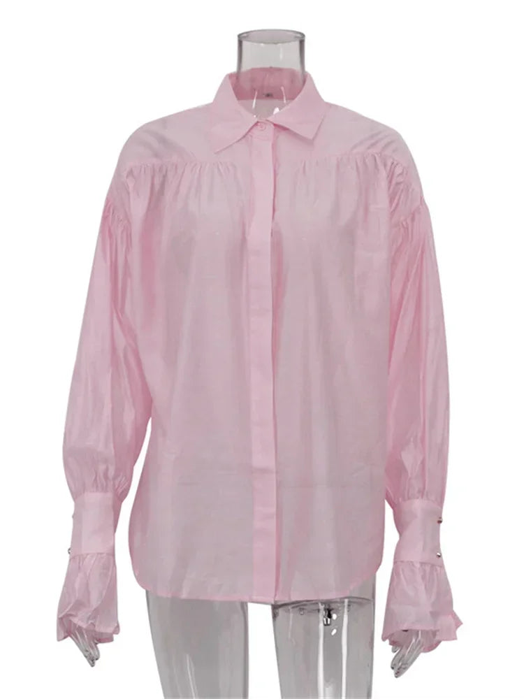 Blusa informal holgada transparente con solapa y manga larga para mujer, estilo patchwork, estilo urbano, lisa, para otoño