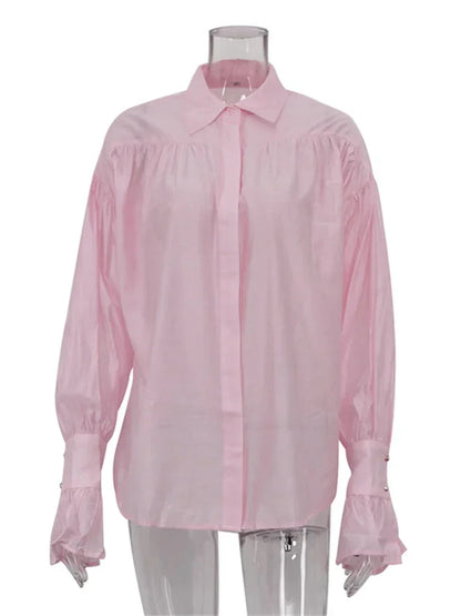 Blusa informal holgada transparente con solapa y manga larga para mujer, estilo patchwork, estilo urbano, lisa, para otoño