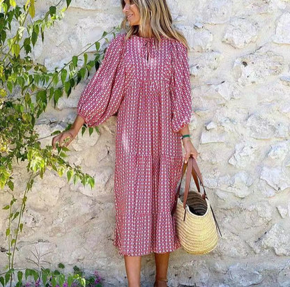 Autumn Dresses For Women 2025 Print Casual Ruffles Loose Long Dress Vintage Elegant Office Beach Style V Neck Vestidos
