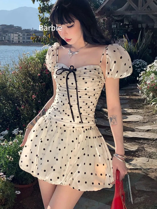 Vestido de fiesta de cumpleaños de lunares, hombros descubiertos, mangas abullonadas, corte A, minivestido para mujer, moda coreana, vestido de una pieza