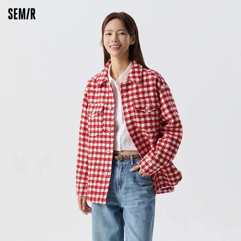 Prendas de abrigo para mujer, estilo medio largo, moda nueva primavera, top de tweed a cuadros