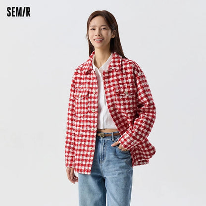 Prendas de abrigo para mujer, estilo medio largo, moda nueva primavera, top de tweed a cuadros