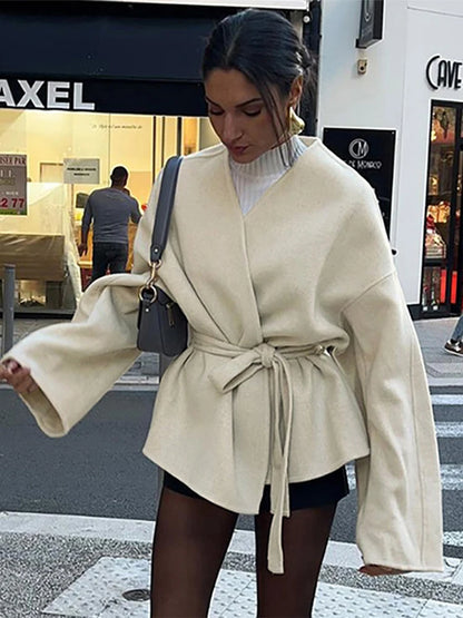 Abrigo elegante de lana de manga larga con cinturón para mujer, holgado, informal, con cuello en V, liso, corto, vintage, grueso y cálido, para otoño