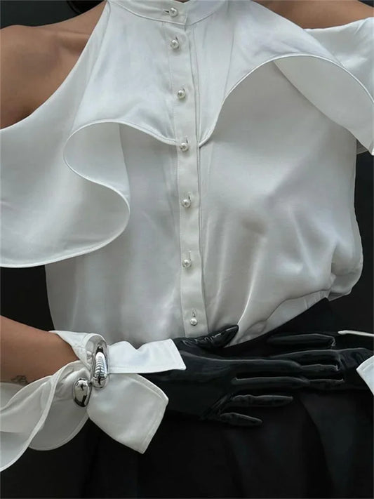 Blusa informal blanca con volantes para mujer, estilo patchwork, con hombros descubiertos, elegante, lisa, de cintura alta, estilo urbano, de verano