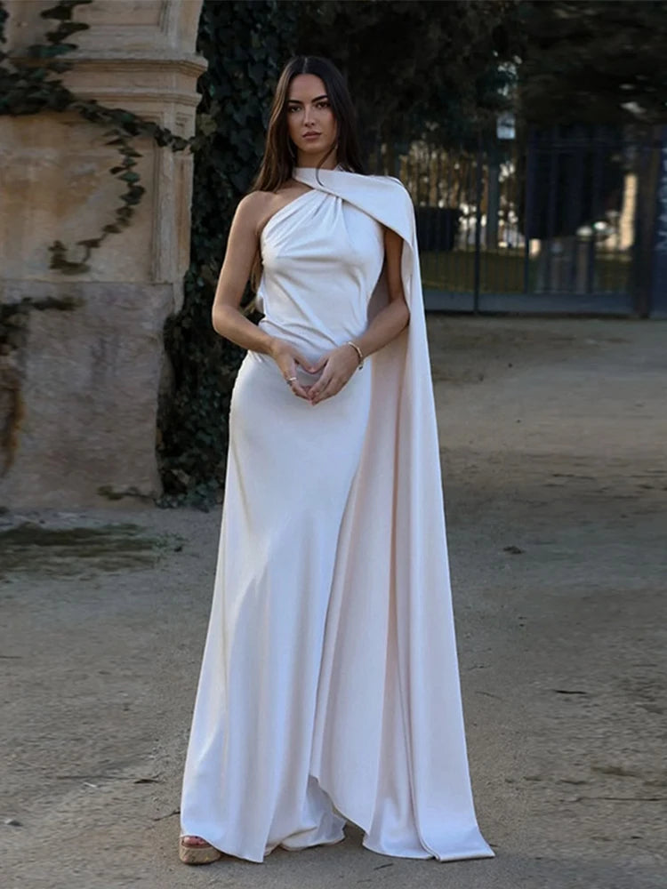 Women Satin Ribbon Halter Party Evening Dress Women Elegant Backless Off Shoulder Sleeveless Long Dresses Fashion Lady Robes